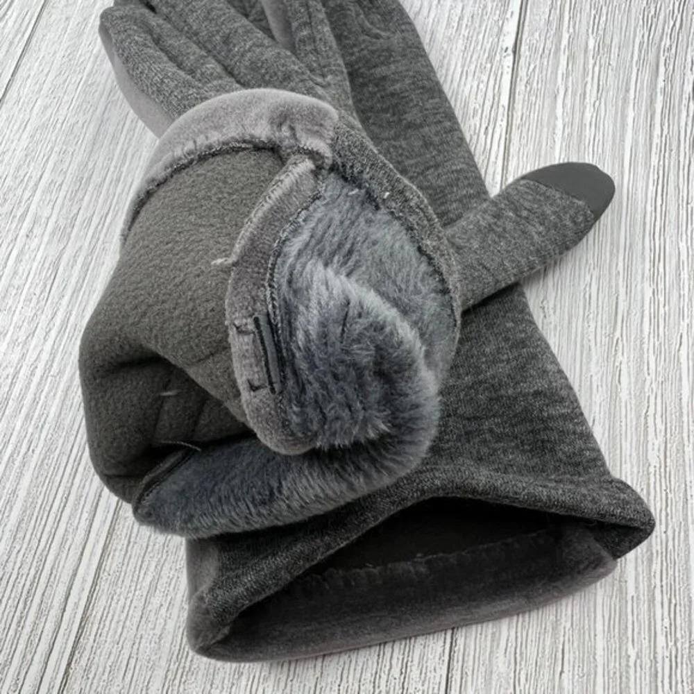 Womens Gray Velvet Touchscreen Gloves Bow Detail Winter Warm Fashion Accessories